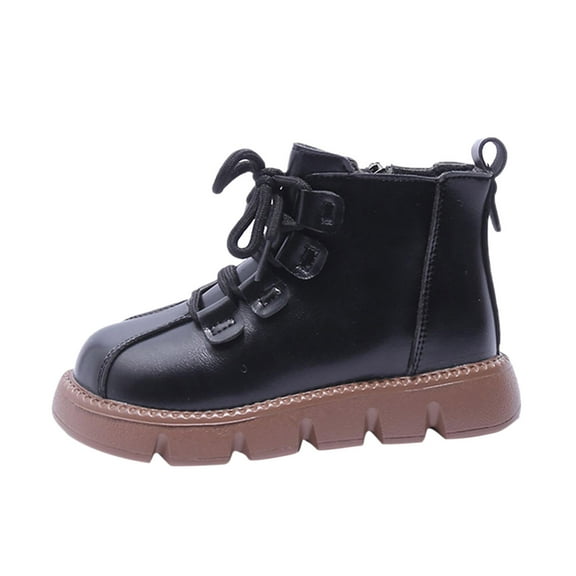 Otqutp Baby Flat Sole Shoes Fashion Winter Children Boots for Boys and Girls Bon Slip Thick Soles Flat Bottoms Side Zippers Plush Warm Lace-Up Solid Color Simple Style(Black,3.5-4 Years)