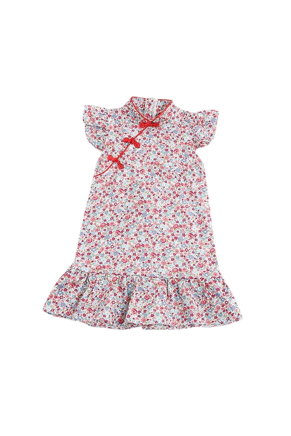 Baby Girls Chinese Qipao Cheongsam Cotton Dress Fly Sleeve 𝗥uffle 𝗛em Dresses Toddler Princess National 𝗧ang Suit
