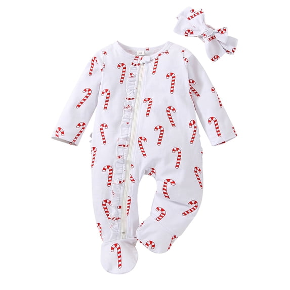 Otqutp Baby Girls Cute Ruffles Long Sleeve Candy Cane Printed Romper Bowknot Ribbed Bodysuits with Headbands Spring Autumn Outfits(1-White,0-3 Months)