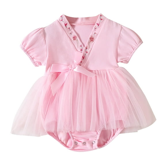 Otqutp Baby Girls Cute Solid Color Romper Robe Cotton Japanese Pajamas Short Sleeve Romper Tulle Tutu Dress Summer Clothes(Pink-a,0-3 Months)