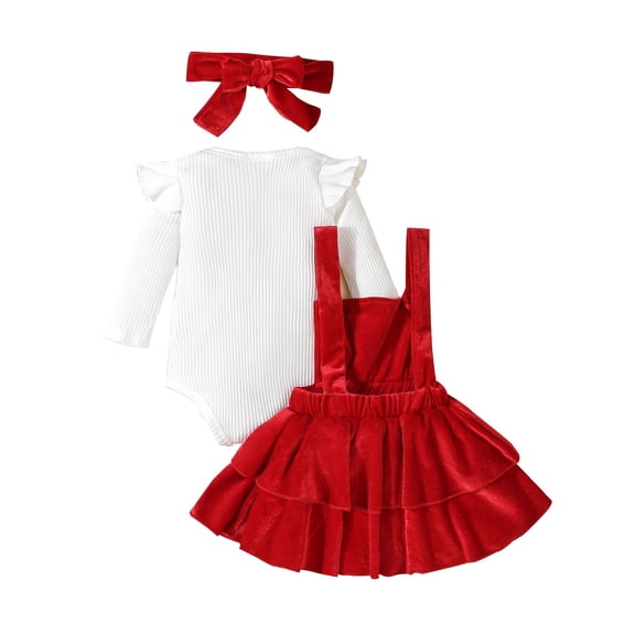 Otqutp Baby Girls Red Christmas Dress Set Autumn and Winter Strip Long Sleeve Harrow Dress with Short Three Piece Outfits 0-18 Months(Red,12-18 Months)