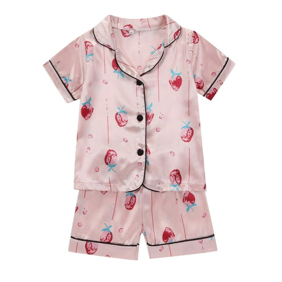 Otqutp Baby Girls Short Sleeve Button Down Tops and Shorts Loose Fit Button Down Pajamas Set 2 Piece Silk Satin Summer Sleepwear Outfits(Hot Pink-E,3-4 Years)