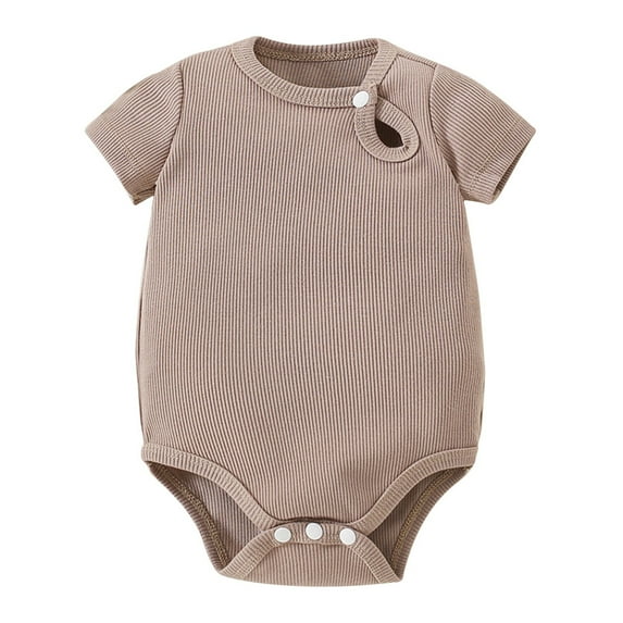 Otqutp Baby Girls Short Sleeved Solid Color Crewneck Romper Toddler Summer Cute Fashion Small Buckle Bodysuit Solid Color (Brown-1,6-12Months)