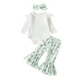 thumbnail image 1 of Otqutp Baby Girls St.Patricks Day Outfit Baby Ribbed Ruffle Long Sleeve Romper Shamrock Print Flare Pants Scarf Sets 3pcs Clothes, 1 of 8