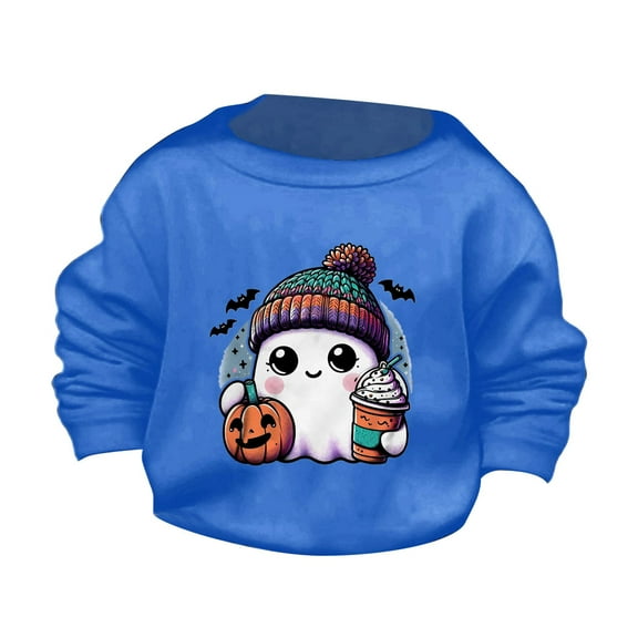 Otqutp Baby Long Sleeve Round Neck Children's Halloween Cute Little Bats and Pumpkin Printed Round Neck Sweater Autumn Long Sleeve Hoodie(Blue,1-2 Years)