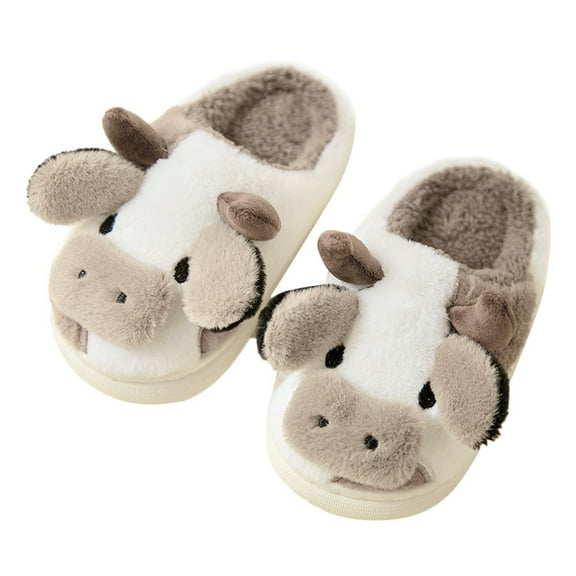 Otqutp Baby Round Toe Slippers Kids Shoes House Slippers Bedroom Home Slippers Cute Cow Cotton Slippers Winter Indoor Outdoor Slippers for Boys Girls(Off-White,9-9.5 Years)