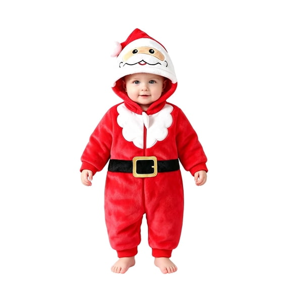 Otqutp Baby Santa Full Zip Hooded Bodysuit Soft Plush Animal Jumpsuit Newborn Long Sleeve Warm Romper Casual Infant Outfit for Christmas