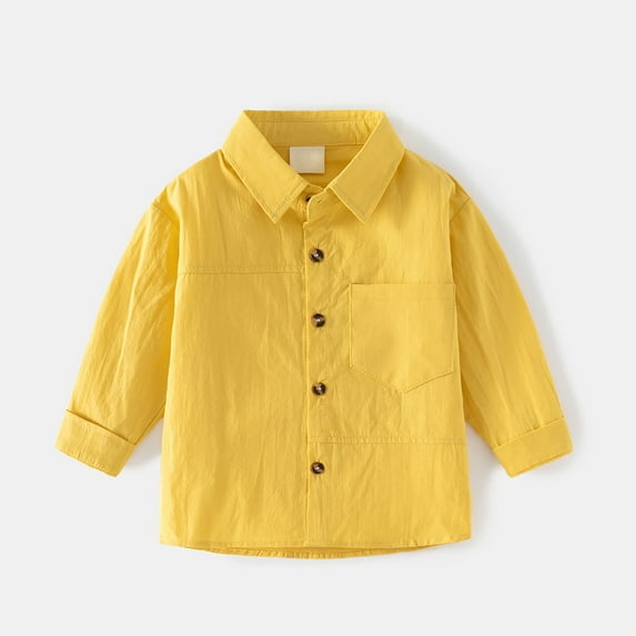 Otqutp Baby School Tops Toddler Boys Solid Color Standing Collar Long Sleeve Button Down Shirt with Pocket Gentleman Outfits Wedding(B-Yellow,4-5 Years)