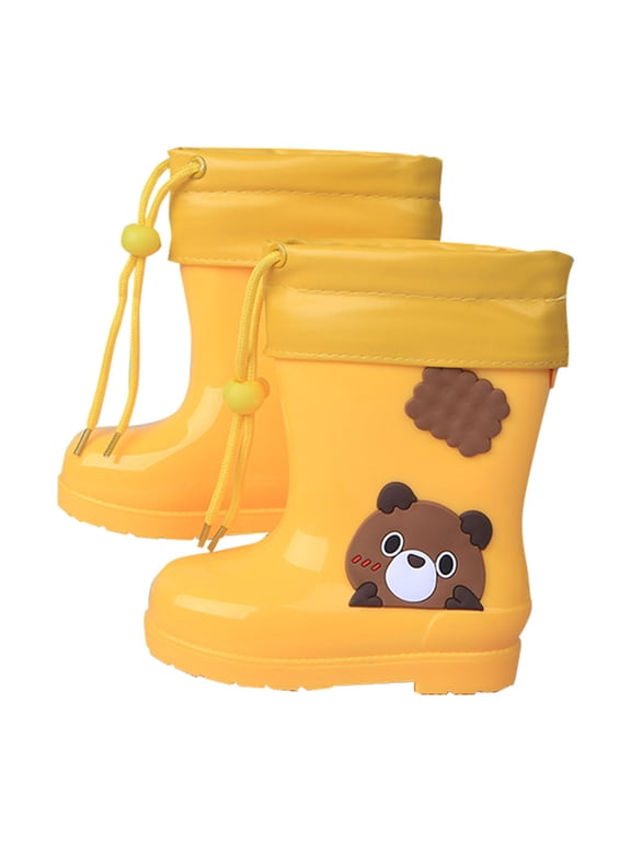 Baby School Shoes 2-10Years Toddler Boys Girls Plush Rain Boots Cute Lightweight Bear Printed Low Heeled Mid Length Children's Rain Boots(Yellow,3.5-4 Years)