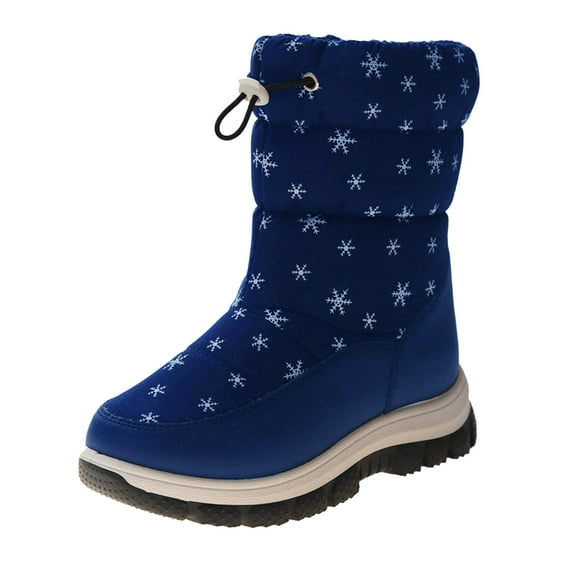 Otqutp Baby Solid Color Boots Fashion Winter Snow Boots for Boys Girls Thick Soles Non Slip and Water-proof Upper Mid Calf Boots Side Zipper Solid Color Snow Print Warm(Blue,6-7 Years)