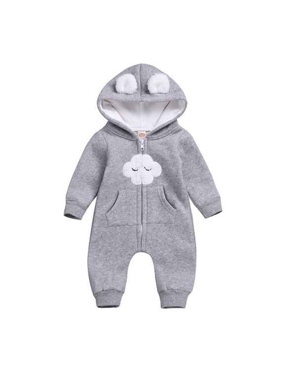 Baby Toddler Boys Girls Solid Color Cloud Zipper Hooded Long Ear Romper Jumpsuit Crawling Suit Baby Cute Hooded Jumpsuit(1-Grey,12-18 Months)