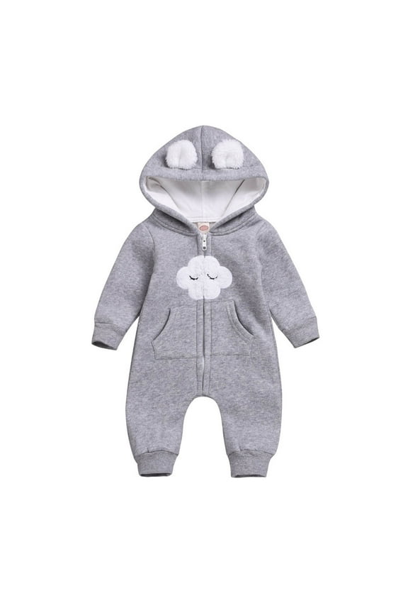 Baby Toddler Boys Girls Solid Color Cloud Zipper Hooded Long Ear Romper Jumpsuit Crawling Suit Baby Cute Hooded Jumpsuit(1-Grey,12-18 Months)
