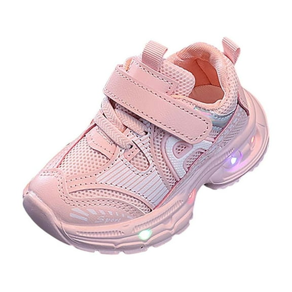 Otqutp Baby Toddler Leather Mesh Lights up Sneakers Hook Loop First Walking Non Slip Glitter Sport Shoes Toddler Breathable