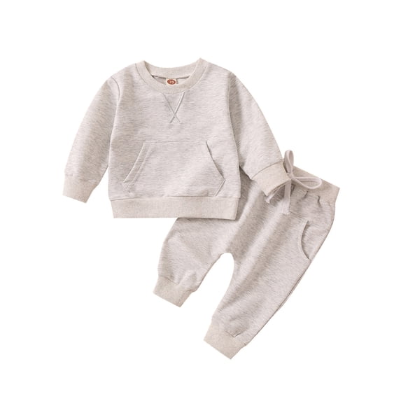 Otqutp Baby Warm Clothes Toddler Boys Girls Winter Long Sleeve Solid Colour Prints Tops Sweatshirt Pants 2PCS Outfits Clothes Set for Baby Clothes(Grey,12-18 Months)