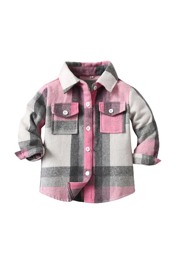 Baby Warm Overcoats Middle Small Children's Spring Fall Casual Long Sleeved Milled Plaid Collar Shirt Jacket Kids School Coat(Pink,5-6 Years)
