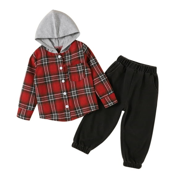 Otqutp Baby Warm Round Neck Kids Toddler Baby Boys Shirt Jacket Plaid Patchwork Long Sleeve Hooded Fall Coat Outwear Solid Pants Trousers Outfit Set 2PCS Clothes(A,2-3 Years)