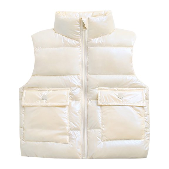 Otqutp Baby Warm Tops Toddler Boys Girls Sleeveless Collar Solid Color Down Vest with Pockets Smooth Zipper Jacket Fall Winter Clothes Coat(White,12-18 Months)