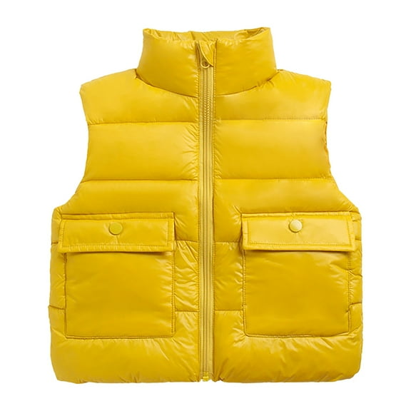 Otqutp Baby Warm Tops Toddler Boys Girls Sleeveless Collar Solid Color Down Vest with Pockets Smooth Zipper Jacket Fall Winter Clothes Coat(Yellow,3-4 Years)