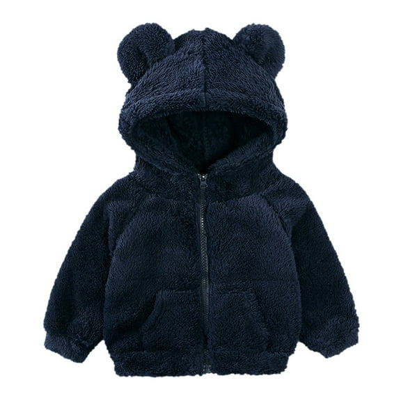 Otqutp Baby Warm Tops Toddler Kids Girls Boys Full Zip Up Hooded Jacket Coat Bear Ear Long Sleeve Thick Outerwear Snowsuit with Pocket 1-7 Years(Navy,3-4 Years)