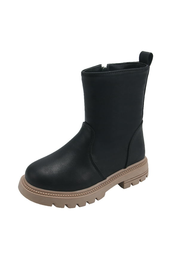 Baby Warm Winter Boots Girls Scrub Boots Shoes Water-proof Leather Short Boots PU Leather Non-slip Breathable Boots 3-12 Years(Black,3.5-4 Years)