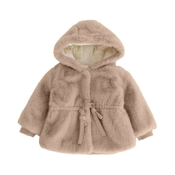 Otqutp Toddler Dress Coats Winter Jacket for Baby Girls Long Sleeve Jacket Fuzzy Button Down Bowknot Hooded Coat Dress Coat Sweet Outfits(Khaki,7-8 Years)