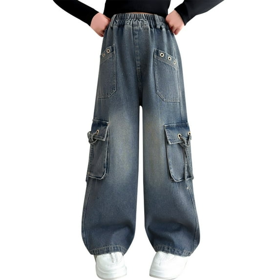Otqutp Baggy Cargo Jeans for Teen Girls Y2K Elastic Waist Wide Leg Denim Pants Aesthetic Vintage Jeans with Multi Pockets