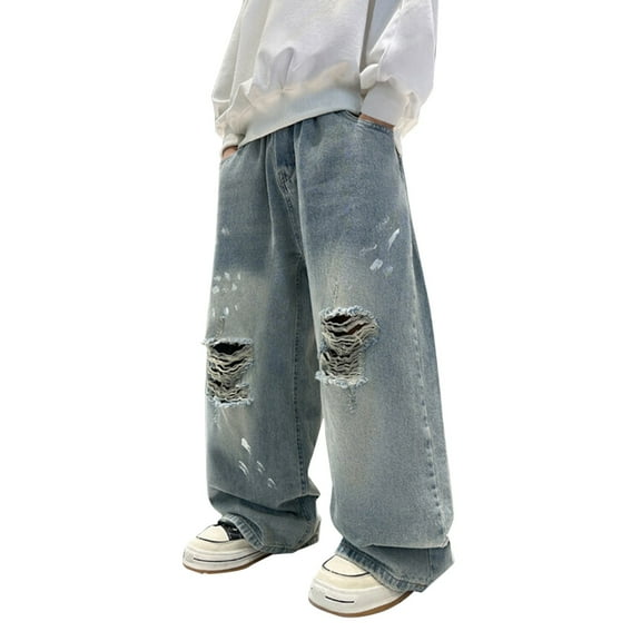 Otqutp Baggy Ripped Denim Jeans for Boys Straight Wide Leg Distressed Hip Hop Loose Fit Casual Denim Pants with Pockets