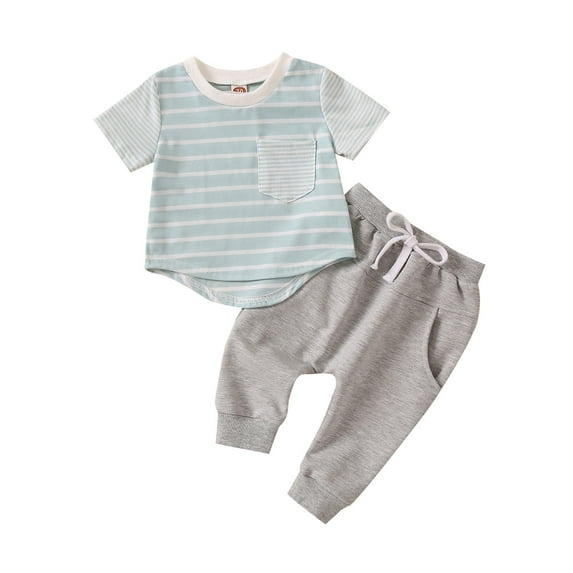 Otqutp Beach Bodysuits for Toddler Spring Boys Summer Short Sleeve Striped Prints Pocket Tops Pants 2PCS Outfits Clothes Set For Children