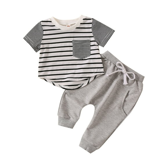 Otqutp Beach Bodysuits for Toddler Spring Boys Summer Short Sleeve Striped Prints Pocket Tops Pants 2PCS Outfits Clothes Set For Children