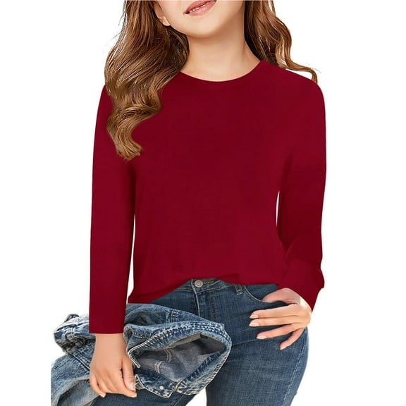 Otqutp Big /Little Children Fall Blouse 5-14 Years Kids Girls Long Sleeve T Shirts Kids Fall Bottoming Shirt Crewneck Basic Tees Breathable Tops(A-Wine,9-10 Years)
