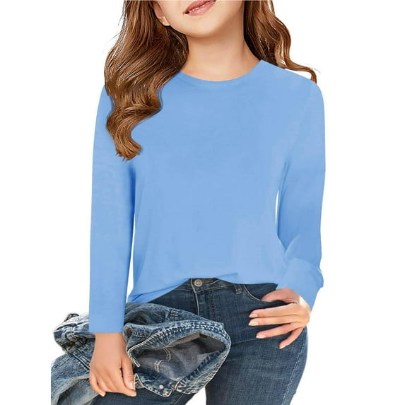 Otqutp Big /Little Children Fall Blouse 5-14 Years Kids Girls Long Sleeve T Shirts Kids Fall Bottoming Shirt Crewneck Basic Tees Breathable Tops(B-Blue,13-14 Years)