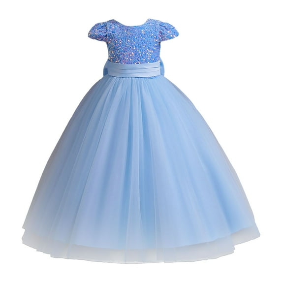 Otqutp Birthday Dresses for Flower Girls Girls Multi Color Sequins Short Sleeve Puffy Dress Piano Performance Banquet Evening Dresses A Line Little Girls Dress(Blue,5-6 Years)