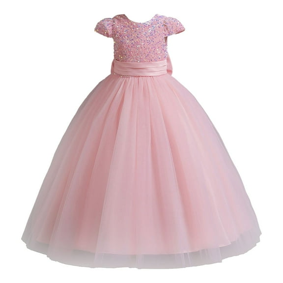 Otqutp Birthday Dresses for Flower Girls Girls Multi Color Sequins Short Sleeve Puffy Dress Piano Performance Banquet Evening Dresses A Line Little Girls Dress(Pink,5-6 Years)