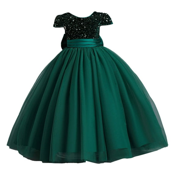 Otqutp Birthday Dresses for Flower Girls Girls Multi Color Sequins Short Sleeve Puffy Dress Piano Performance Banquet Evening Dresses A Line Little Girls Dress(Green,4-5 Years)