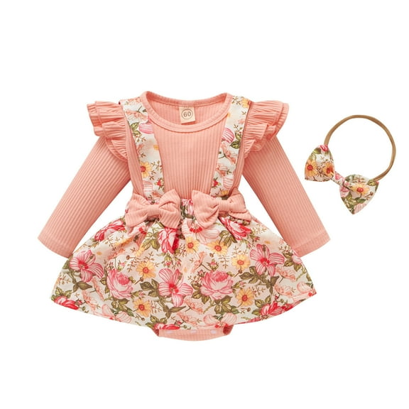 Otqutp Birthday Jumpsuit for Toddler Girls Long Sleeve Floral Prints Bowknot Romper Bodysuits With Headbands Summer Outfits
