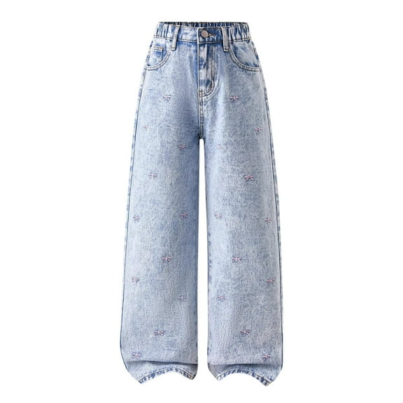 Otqutp Bow Jeans for Girls Wide Leg Baggy Denim Pants Cute High Waisted Trousers Kids Casual Y2K Streetwear with Pockets