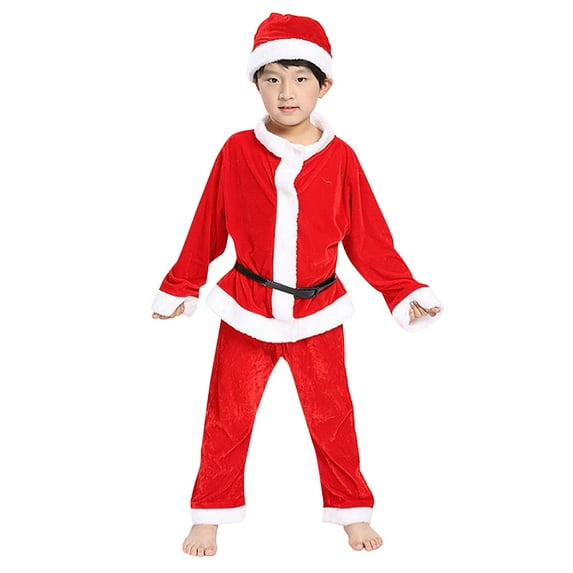 Otqutp Boy's Santa Suit, 4 Pcs Kids Velvet Xmas Outfits Coat + Pant + Hat + Belt Set for Stage Performance Birthday Party
