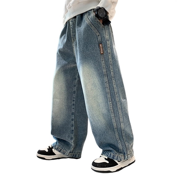 Otqutp Boy's Y2k Baggy Jeans Straight Leg Distressed Elastic Waist Denim Pants Tween Stretch Slim Fit Bootcut Trousers Cargo