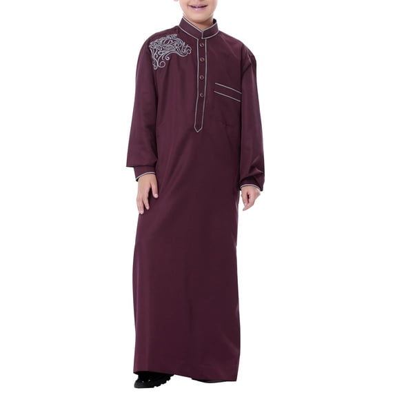 Otqutp Boys Abaya Robe Kids Muslim Thobe Ramadan 𝗜slamic Clothing Ethnic Trim Stand Collar Long Sleeve Loose Kaftan Dresses