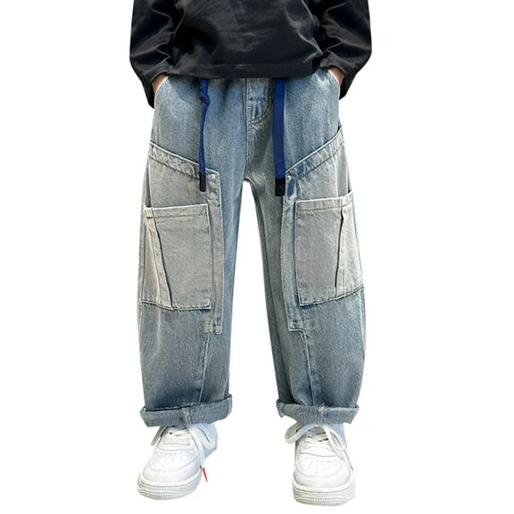 Otqutp Boys Aesthetic Baggy Cargo Jeans for Teens Kids Y2K Wide Leg Loose Elastic Waist Denim Pants Streetwear Trousers