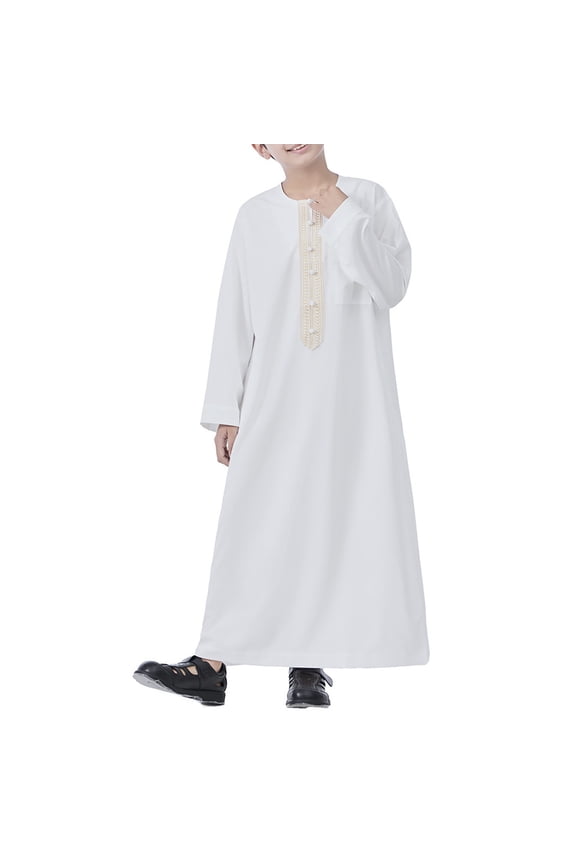 Boys Arab Thobe Muslim Kaftan Kids 𝗜slamic Clothing Ethnic Trim Ramadan Prayer Clothing Long Sleeve Arabic Robe Dress