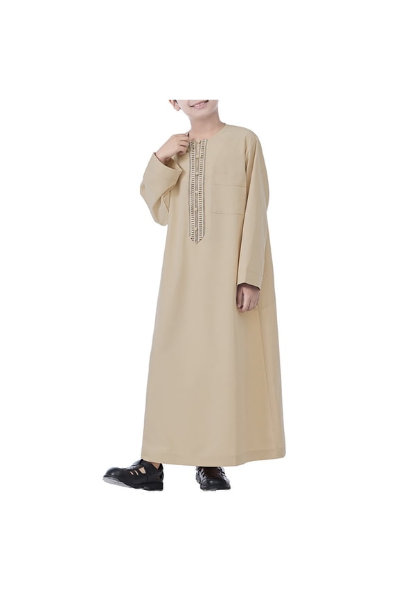 Boys Arab Thobe Muslim Kaftan Kids 𝗜slamic Clothing Ethnic Trim Ramadan Prayer Clothing Long Sleeve Arabic Robe Dress