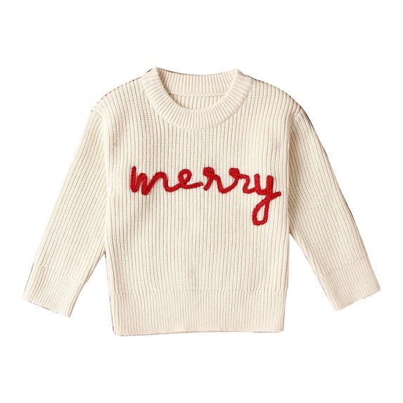 Otqutp Boys Girls Embroidery Knit Sweaters Sweatshirt Tops Fall Winter Clothes Toddlers Christmas Vintage Style Letters Merry Embroidery Warm Sweater(White,6-12 Months)
