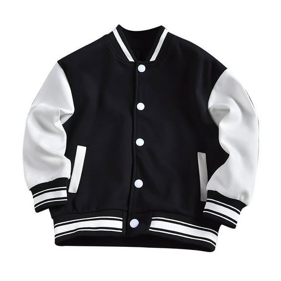 Otqutp Boys and Girls Long Sleeve Outwear Spring and Fall Fashionable Baseball Jacket Casual Lightweight Plain Cardigan Button School Coat(Black,6-7 Years)