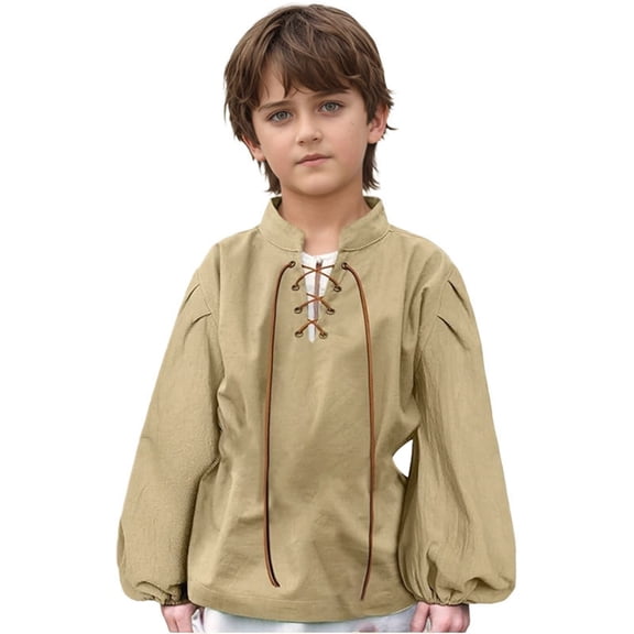 Otqutp Boys Medieval Lace-Up Tunic Shirt Long Puff Sleeve Top Kids Soft Classic Vintage Dress Shirt for Party Dress Up Birthday