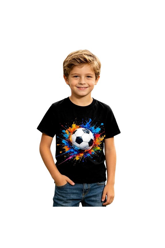 Boys Short Sleeve T‑Shirt Soccer Ball Print Crew Neck Athletic Jogger Casual T Shirts Summer Kids Football Fan Blouses