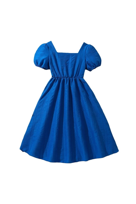 Breathable Square Neck Puff Sleeve Princess Dress Summer Casual Cotton Dress for Girls, Elegant Loose Fit Elastic Waist Dresses