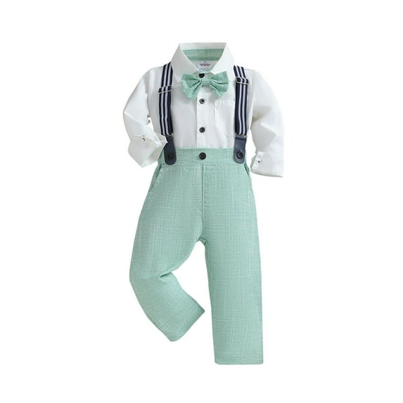 Otqutp Casual Bodysuits for Baby Boys Pants Sets Toddler Gentleman Outfits Long Sleeve Dress Shirt + Suspenders Pants + Bow Tie 6M-5 Years(Mint Green-A,2-3 Years)
