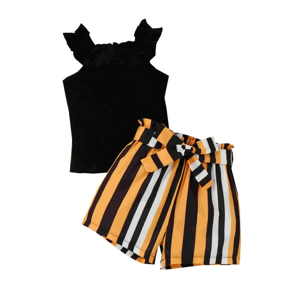 Otqutp Casual Clothes Set for Kids Toddler Girls Summer Sleeveless Ruffles Striped Prints Tops Shorts 2PCS Outfits Clothes Set for Children Clothes