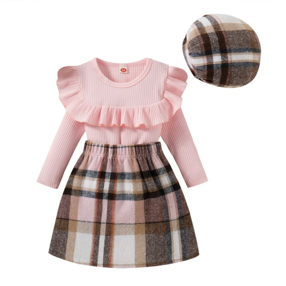 Otqutp Casual Clothing Sets for Toddler Girls Autumn/Winter Striped Long Sleeve Ruffled Top And Plaid Printed Skirt Girl Fall Outfits Elastic Dresses 2PCS Fall Winter Clothes